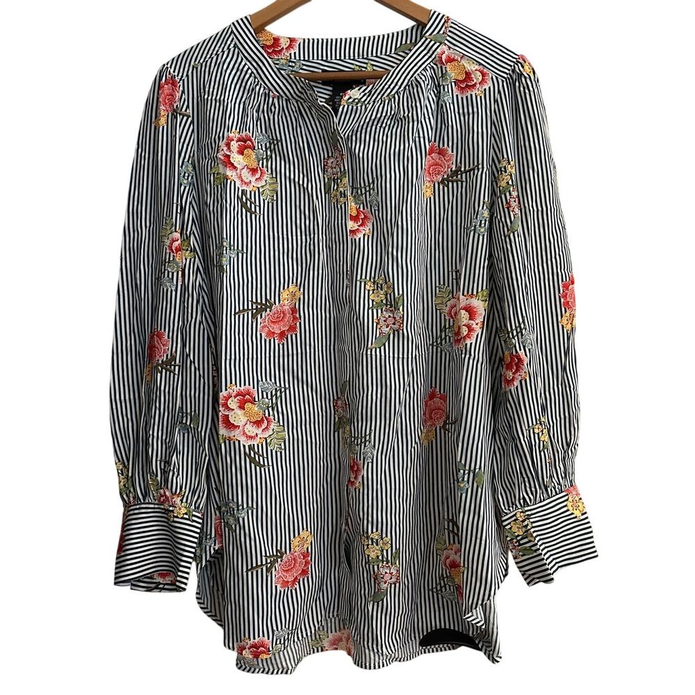Grace Elements 0X Plus Floral Stripe Button Blouse Shirt Long Sleeve NWT